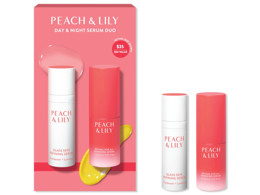 Stock image of peach and lily day & night serum duo with its box