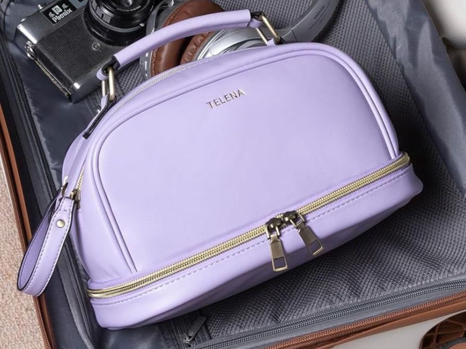 A purple toiletry bag