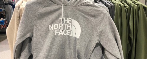 the north face hoodie in gray hanging in store