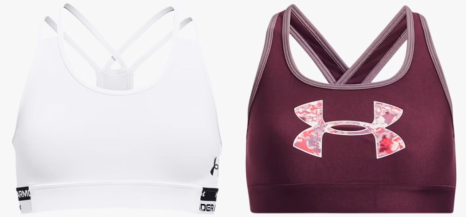 white and maroon under armour sports bras
