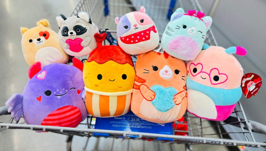 Valentine's Day Squishmallows in a shopping cart at Walmart