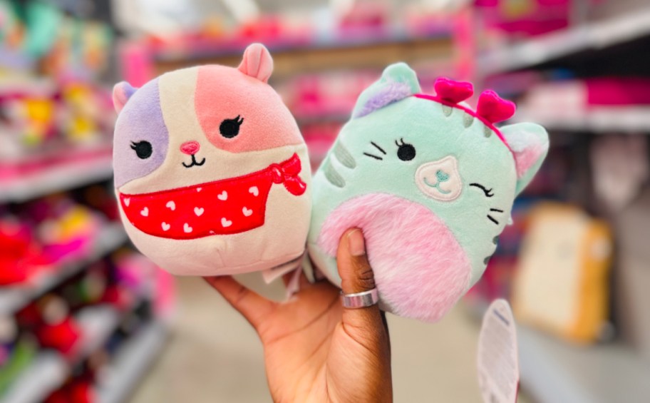 Hand holding up two Valentine's Day Squishmallows