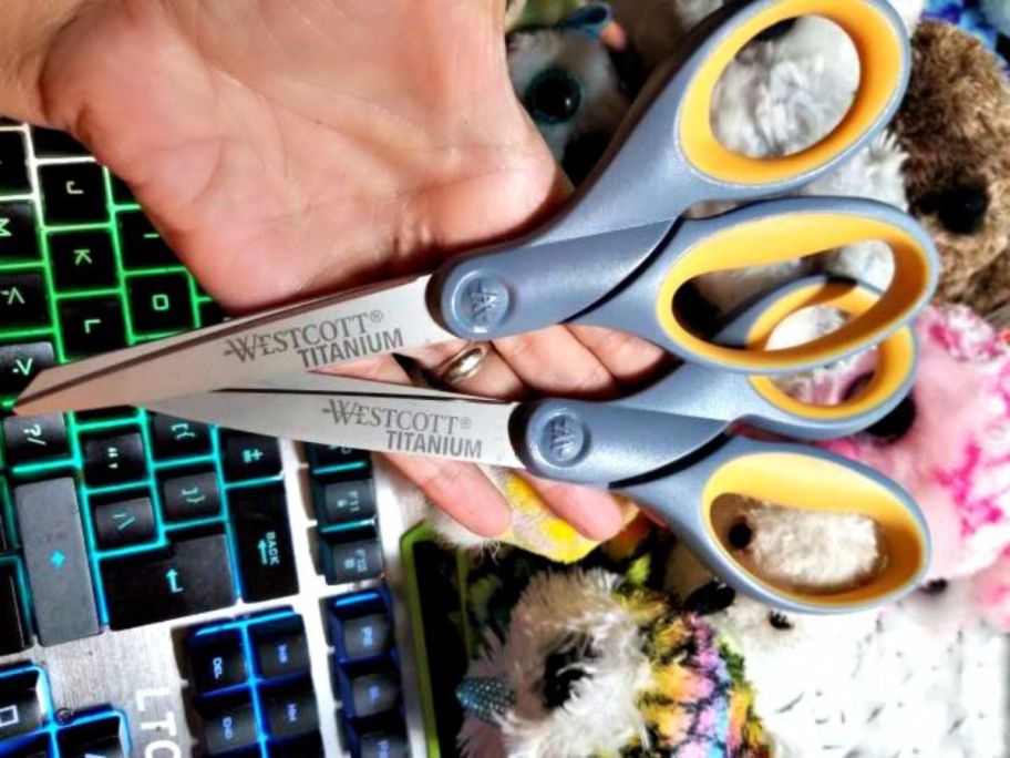 A person holding 2 Westcott 8-Inch Titanium Scissors 