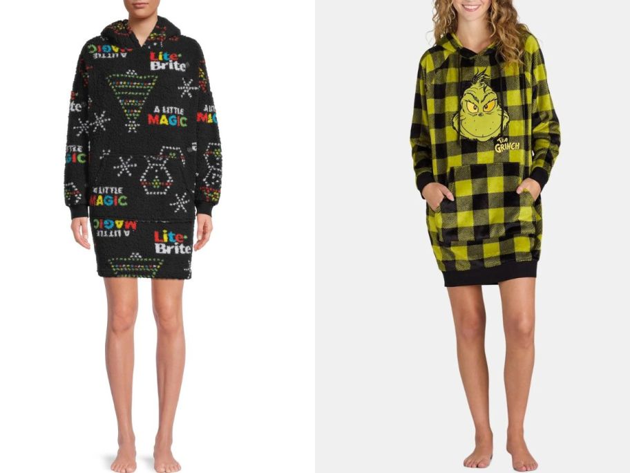 stock images of two women wearing a lite brite and grinch design plush lounger