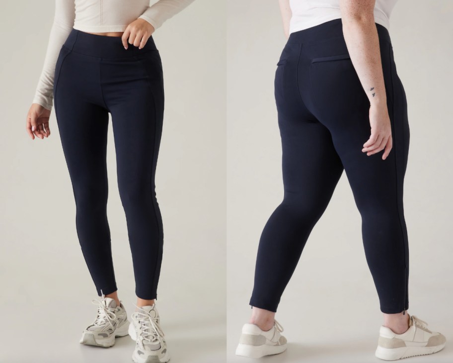 women wearing navy blue leggings showing front and back