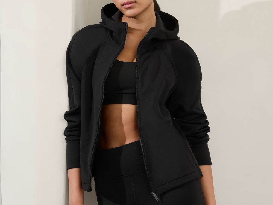 woman wearing Athleta Altitude Fleece Lined Jacket