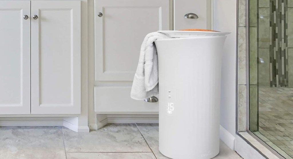 bathroom with towel warmer displayed next to the shower