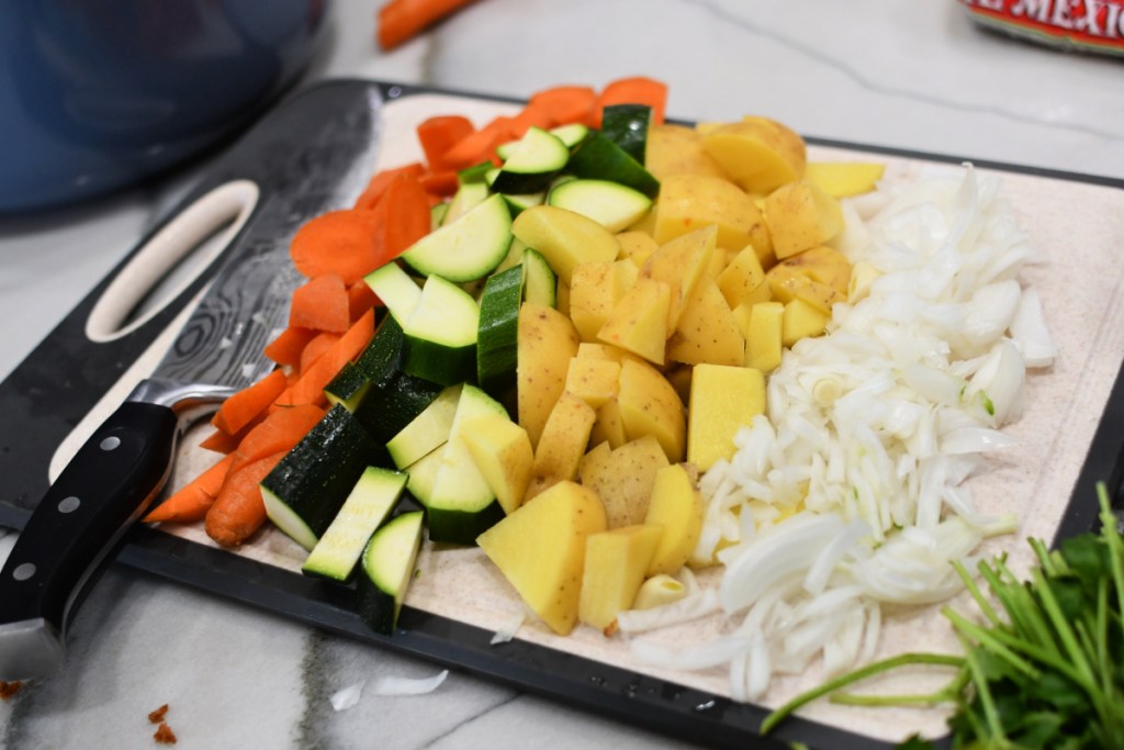 chopped veggies on a cutting board