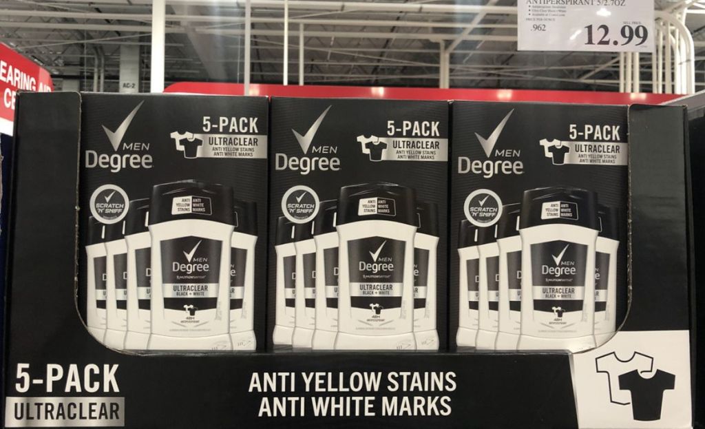 packs of degree deodorant on shelf at costco