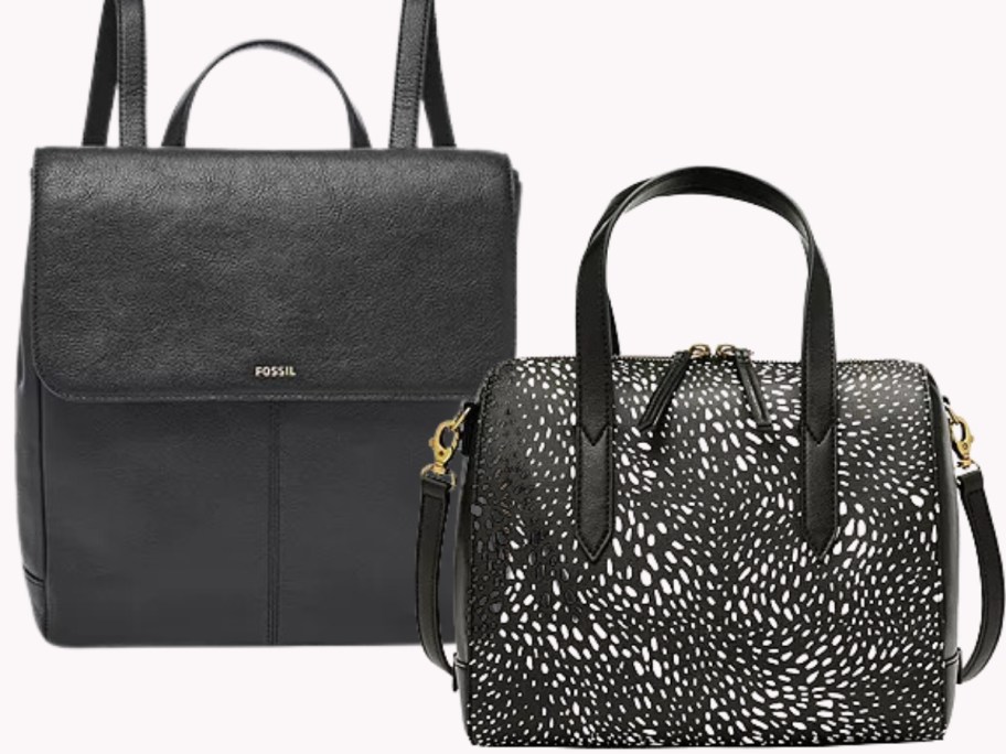 a black backpack bag and black and white print satchel handbag