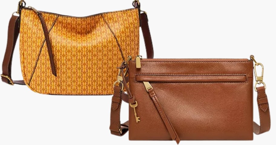 a yellow and brown women's crossbody bag and a brown crossbody bag