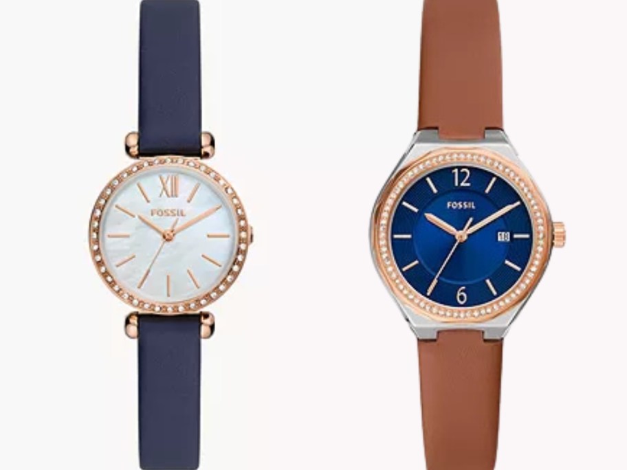 women's navy leather and gold watch with pearl face and brown leather and gold with navy face watch