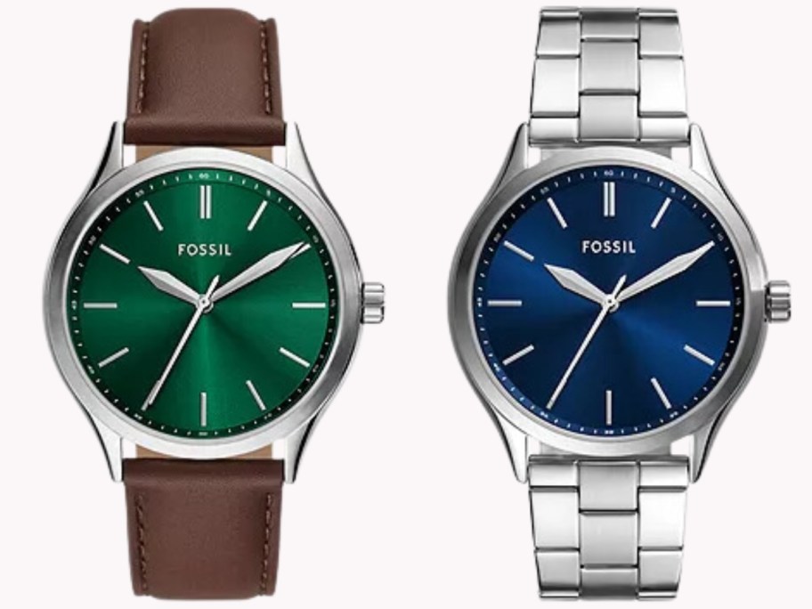 men's brown leather and silver watch with a green face and silver watch with a blue face