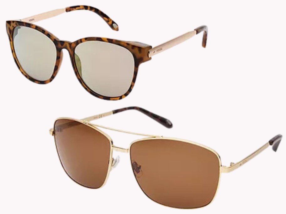 women's cat eye rounded brown and gold sunglasses and men's gold aviator sunglasses