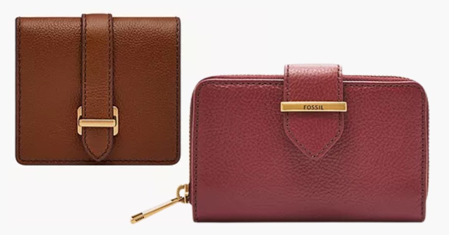 women's brown bifold wallet with gold accents and red zip wallet