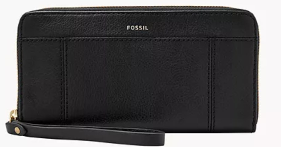 women's black leather zip wristlet wallet