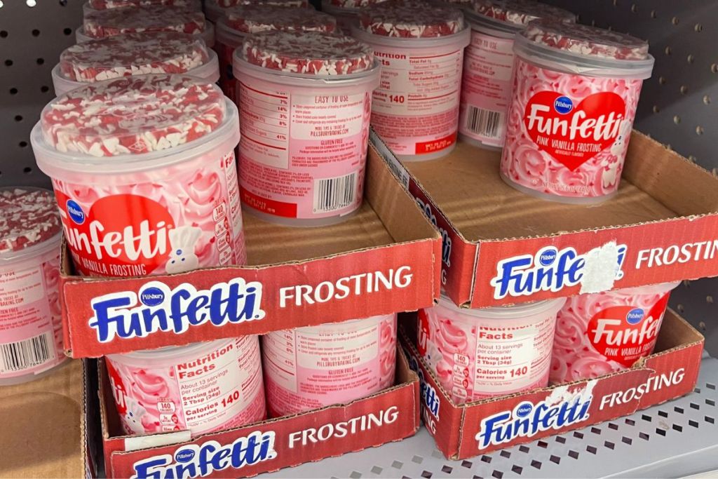 funfetti valentines frosting on a shelf in walmart store