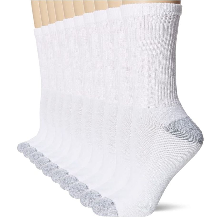 a 10 pack of hanes womens white crew socks on a white background