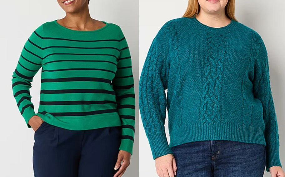 two women wearing green striped and teal sweaters 