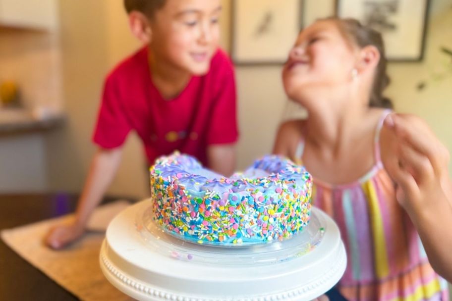 two kids with an ice cream cake