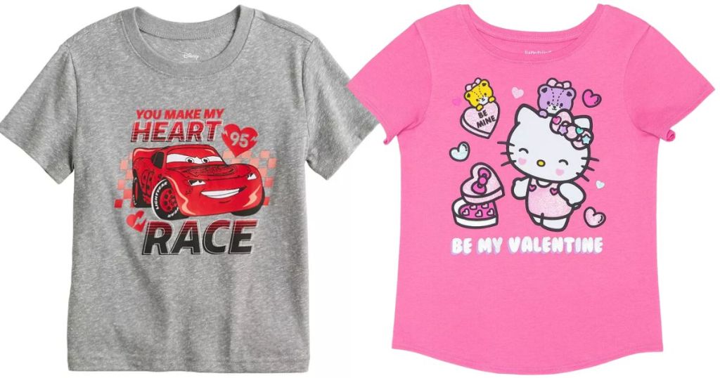 boy's Disney Pixar Cars Lightning McQueen Valentine's T-shirt and Girls pink Hello Kitty Be My Valentine T-shirt