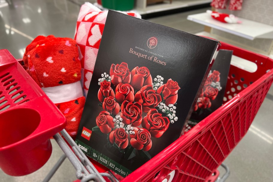 lego botanical collection bouquet of roses box in a target cart with valentines day print blankets