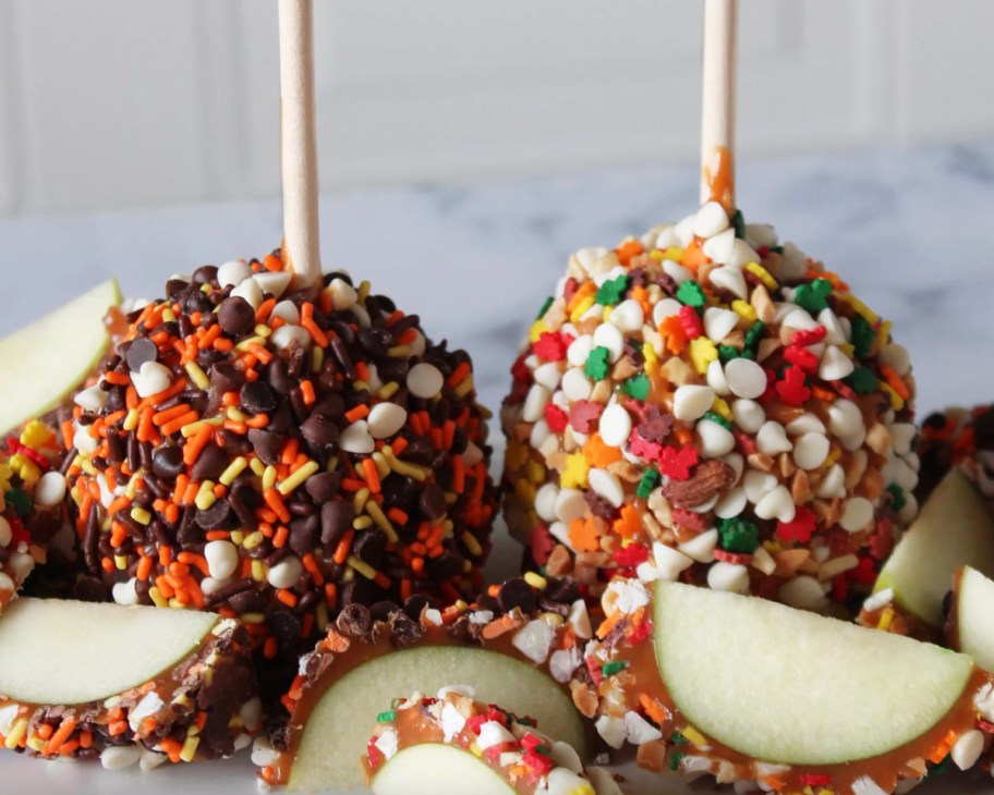 caramel apples with fall sprinkles