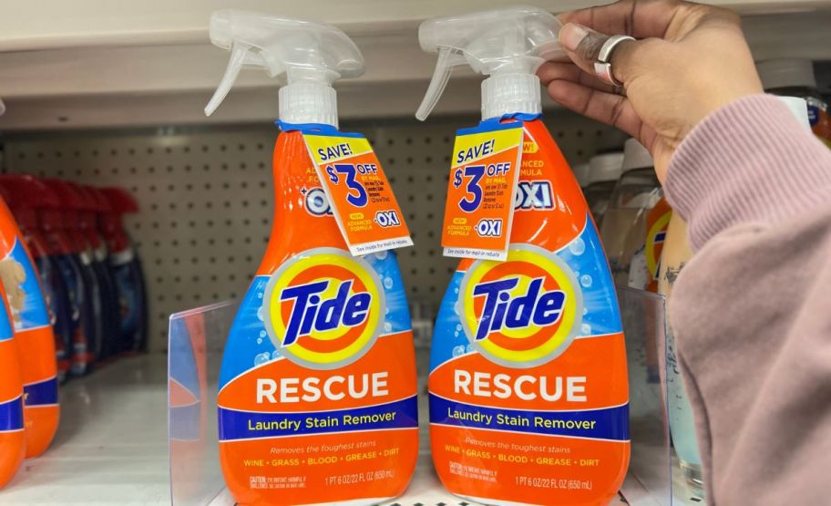 tide stain remover bottles on shelf