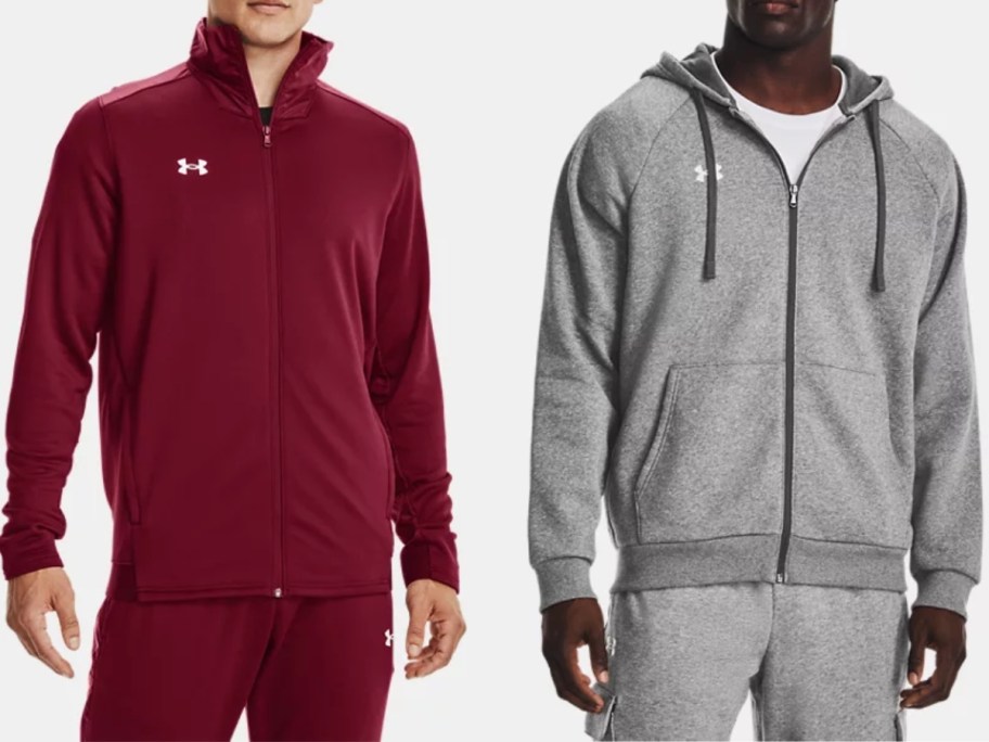 man wearing a dark red Under Armour pullover and man wearing a grey full zip Under Armour hoodie