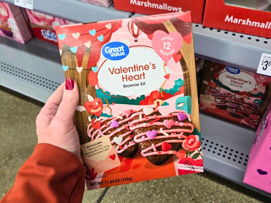 hand holding a box of Valentine's Day themed brownie mix with decorations