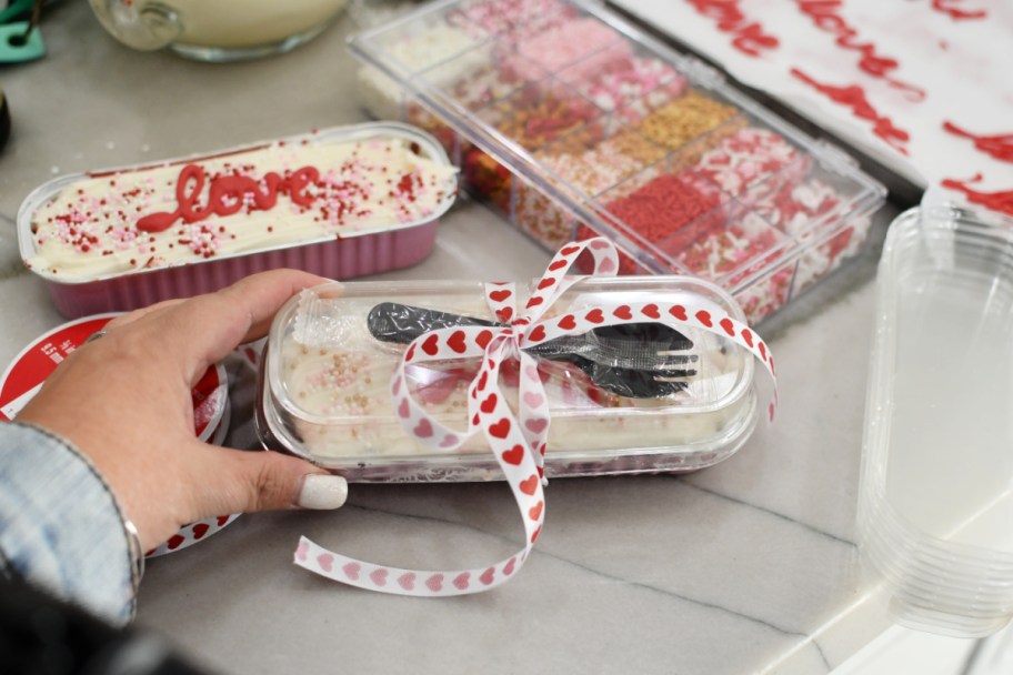 wrapped valentines day cake in a cake tin