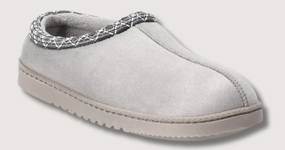 men's grey slip-in shoe with extra detailing across the foot opening and ridged sole