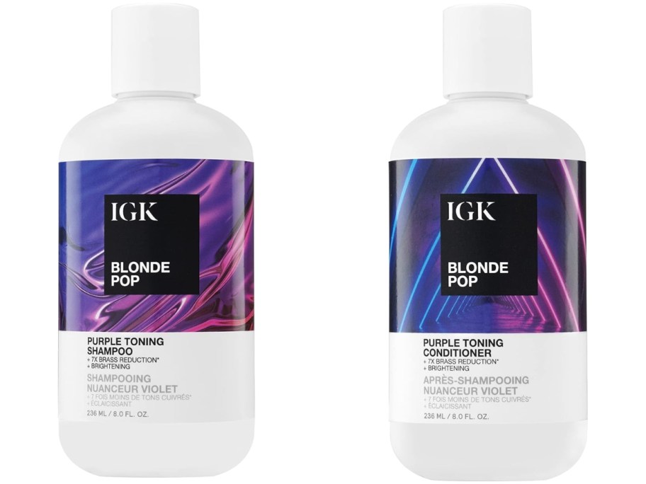 white with purple, pink, and blue IGK Blond Pop Purple Toning Shampoo and Conditioner bottles