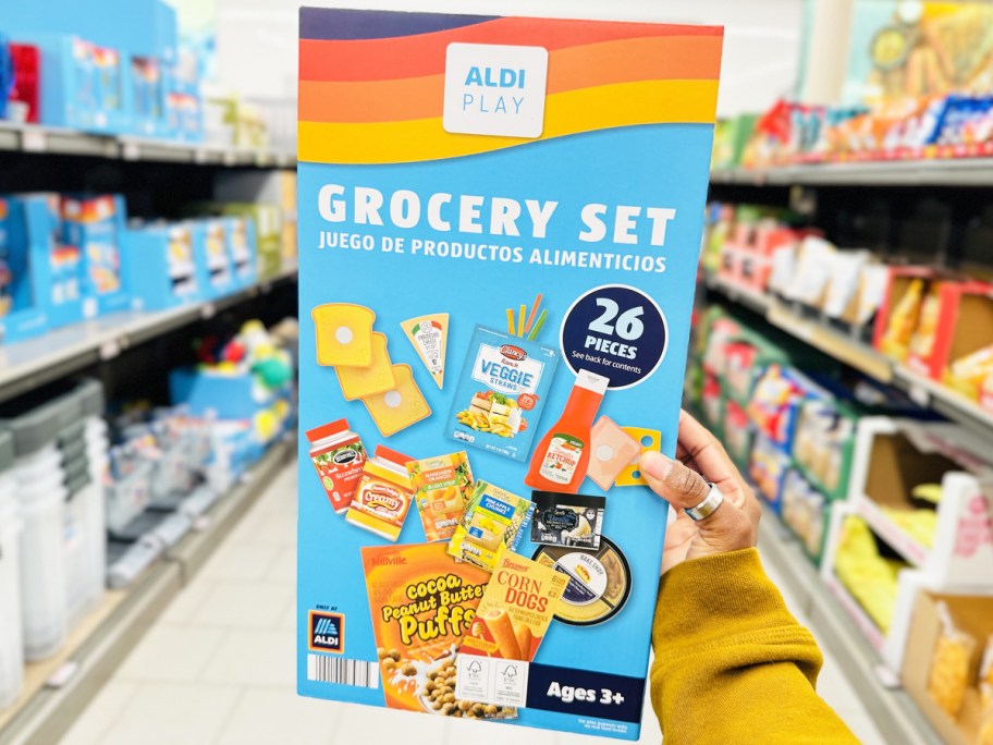 hand holding up box for ALDI 26-Piece Grocery Play Set