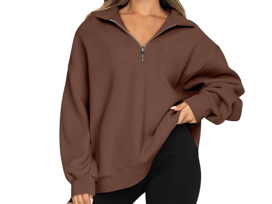 woman wearing Anrabess Women's Oversized Pullover w/ Quarter Zip