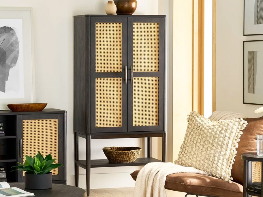 black cane storage cabinet in living room