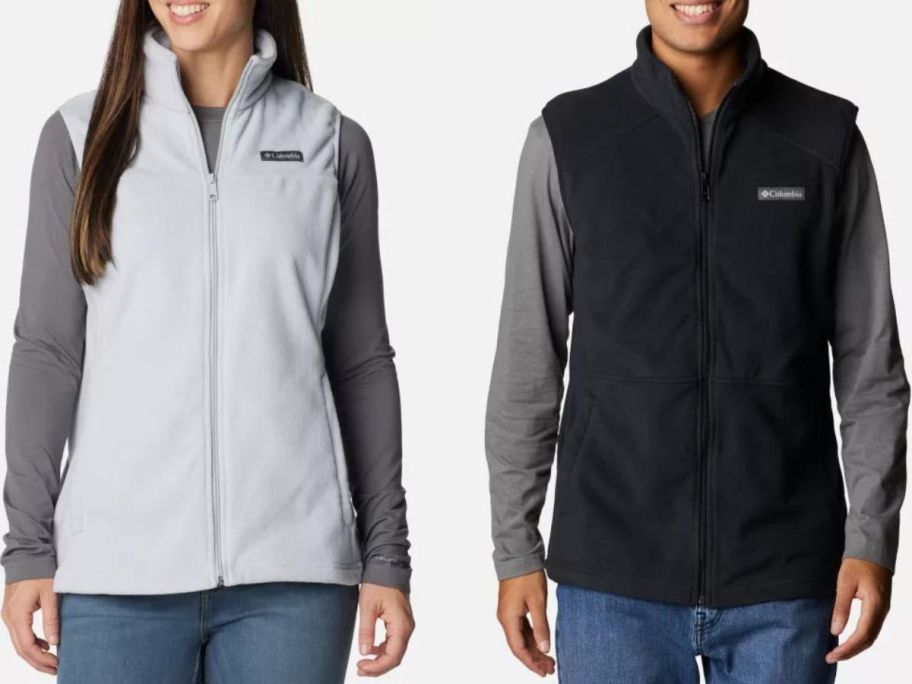 Stock images of a woman and a man wearing Columbia fleece vests