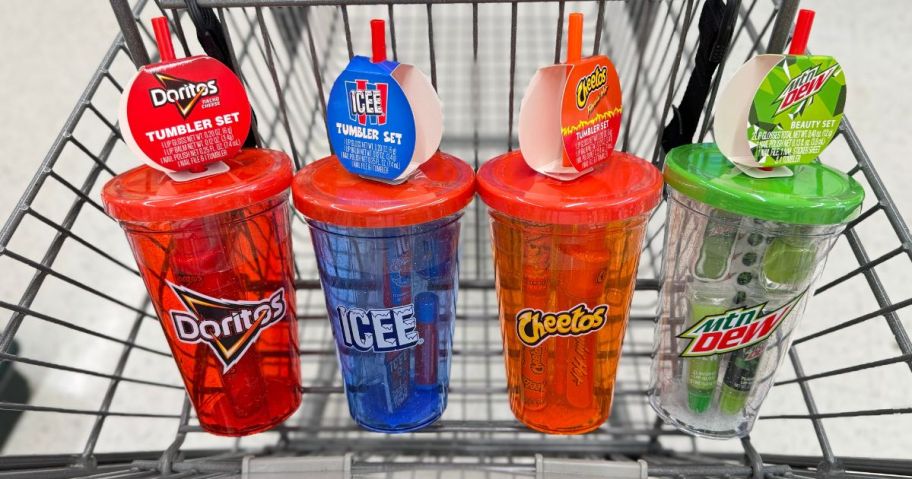 Doritos, Icee, Cheetos, & Mtn Dew Tumbler Sets in a cart at Hobby Lobby