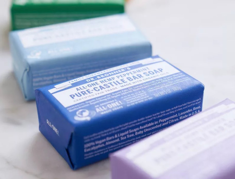 dr bronner's castile bar soaps in rainbow order