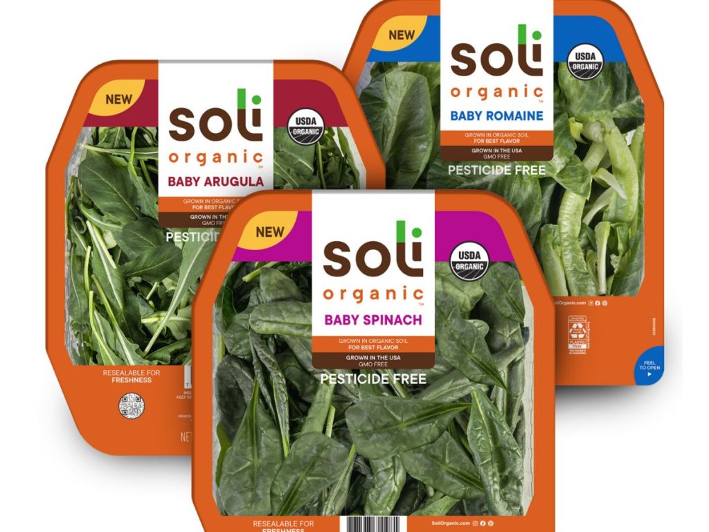 different packages of Soli organic salads