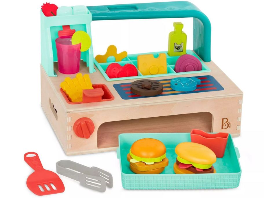 kid's toy build a burger food set shown with all the accessories