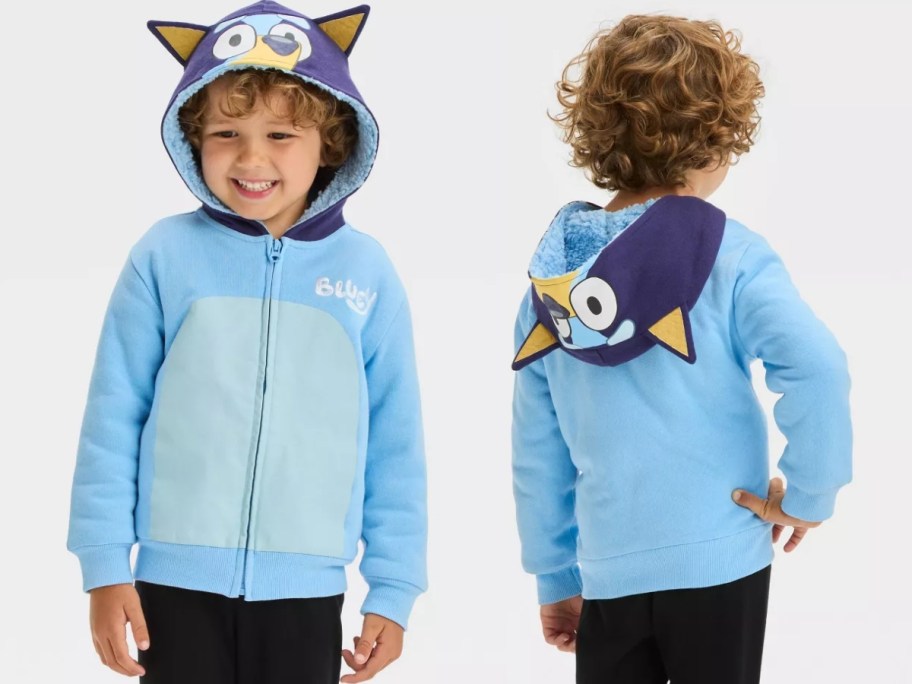 little boy wearing a Bluey hooded zip up sweatshirt showing the front and back