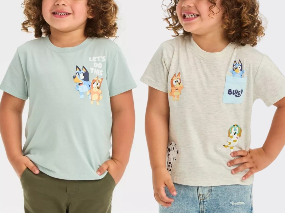 2 little boys wearing Bluey t-shirts