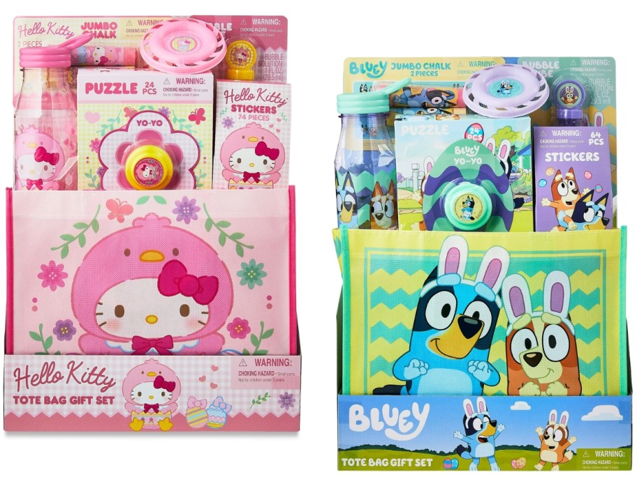 a Hello Kitty Easter Basket gift set and a Bluey Easter Basket Gift Set