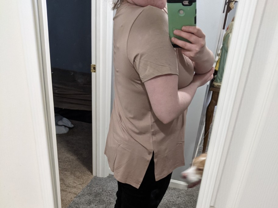 woman wearing herou basic t-shirt in beige