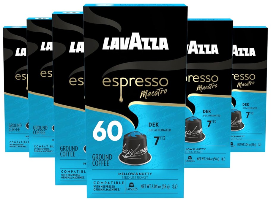 stock image of blue and black boxes of Lavazza Maestro Decaf Espresso Capsules