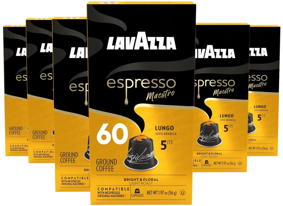 stock image of black and yellow boxes of Lavazza Maestro Lungo Espresso Capsules