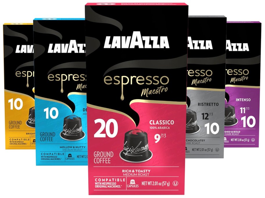 stock image of a variety of different boxes of Lavazza Espresso capsules