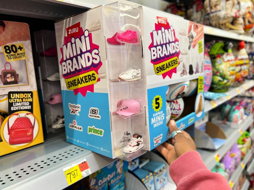 Box of Zulu mini brands sneakers on display on Walmart store shelf