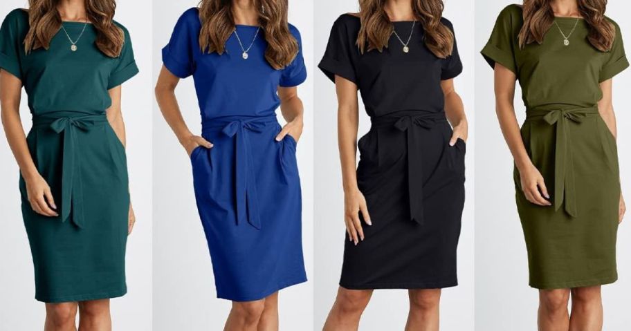 4 women wearing PRETTYGARDEN Tie Waist T-Shirt Dresses